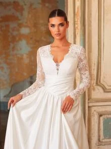Aureia Elegant Formal Luxurious Beaded Diamond Embellished Elastic Lace Patchwork Satin Ruched Oversized Skirt With Train Wedding White Fall - Beige - View 2