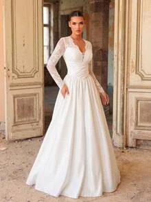 Aureia Elegant Formal Luxurious Beaded Diamond Embellished Elastic Lace Patchwork Satin Ruched Oversized Skirt With Train Wedding White Fall - Beige - View 6