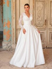 Aureia Elegant Formal Luxurious Beaded Diamond Embellished Elastic Lace Patchwork Satin Ruched Oversized Skirt With Train Wedding White Fall - Beige - View 4