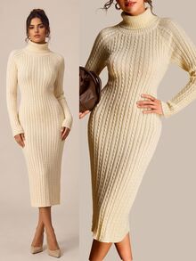 SHEIN BASICS Women's Solid Color High Neck Raglan Long Sleeve Slim Fit Elegant Knit Dress Everyday Work White Fall/Winter - Beige - View 2