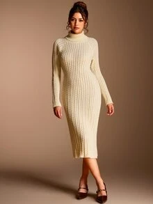 SHEIN BASICS Women's Solid Color High Neck Raglan Long Sleeve Slim Fit Elegant Knit Dress Everyday Work White Fall/Winter - Beige - View 10