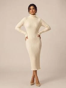 SHEIN BASICS Women's Solid Color High Neck Raglan Long Sleeve Slim Fit Elegant Knit Dress Everyday Work White Fall/Winter - Beige - View 3