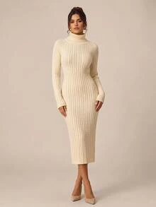 SHEIN BASICS Women's Solid Color High Neck Raglan Long Sleeve Slim Fit Elegant Knit Dress Everyday Work White Fall/Winter - Beige - View 4