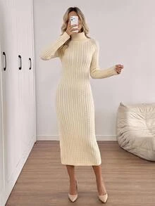 SHEIN BASICS Women's Solid Color High Neck Raglan Long Sleeve Slim Fit Elegant Knit Dress Everyday Work White Fall/Winter - Beige - View 1