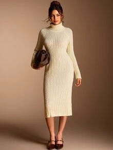 SHEIN BASICS Women's Solid Color High Neck Raglan Long Sleeve Slim Fit Elegant Knit Dress Everyday Work White Fall/Winter - Beige - View 9