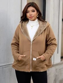 SHEIN Clasi 大尺碼女款純色保暖內裡拉鍊休閒寬鬆西式日常長袖夾克 冬季感恩節假期教師社團棕色 - 卡其色 - 查看 5