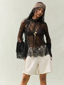 SoleilVie 女士立领插肩袖优雅衬衫 - 黑色 - 查看 4