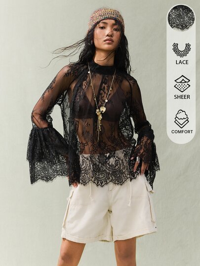 SoleilVie Women's Black Floral Mandarin Collar Raglan Sleeve Elegant Lace Blouse Sheer Top,Summer Boho Night Out Net Black See Through Tops