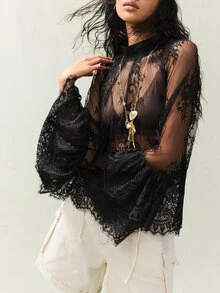 SoleilVie 女士立领插肩袖优雅衬衫 - 黑色 - 查看 7