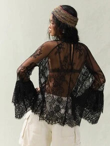 SoleilVie 女士立领插肩袖优雅衬衫 - 黑色 - 查看 3