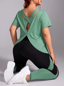 Rhythm Era 大码纯色简约短袖上衣和裤子 运动套装 大码运动服上衣 大码健身服 Curve 运动服上衣 大码瑜伽套装 Curve 健身服 女士健身套装 - 綠色 - 查看 4
