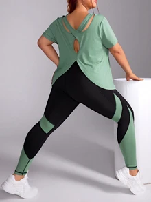 Rhythm Era 大码纯色简约短袖上衣和裤子 运动套装 大码运动服上衣 大码健身服 Curve 运动服上衣 大码瑜伽套装 Curve 健身服 女士健身套装 - 綠色 - 查看 8