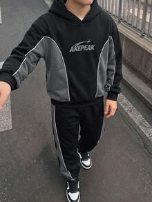 青少年男孩抓絨內裡字母圖案衛衣與慢跑褲套裝，保暖寬鬆版型 2 件組秋季街頭風寬大休閒服，派對穿搭，Sixth Form，黑色 - 黑色 - 查看 2