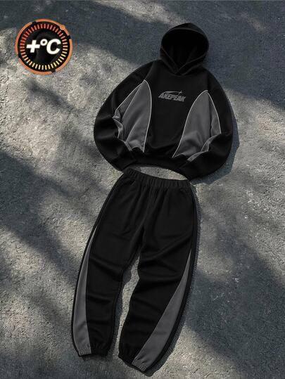 Conjunto de Moletom com Forro de Fleece e Calça Jogger com Estampa de Letra para Adolescentes, Roupa Solta e Quente de 2 Peças, Estilo Streetwear Baggy para Outono, Festa e Sexto Ano, Preto