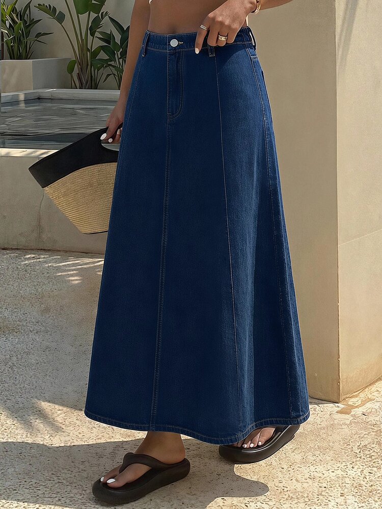 SHEIN Chân váy denim xanh đậm dáng rộng cho thiếu nữ, màu xanh Cowgirl - Màu xanh lam - Xem 4