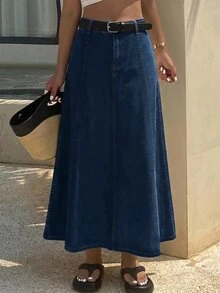 SHEIN 青少年女孩深藍色牛仔寬鬆裙，牛仔藍 - 藍色 - 查看 6