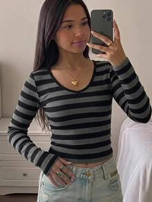 SHEIN Tween Girls Autumn/Winter Knitted Kids Striped Colorblock Long Sleeve T-Shirt - Brown - View 9