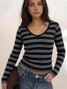 SHEIN Tween Girls Autumn/Winter Knitted Kids Striped Colorblock Long Sleeve T-Shirt - Brown - View 6