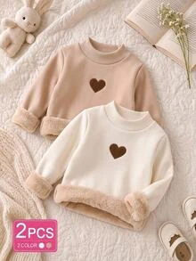 SHEIN 女童秋季款 2件組可愛愛心套頭毛衣 刷毛加厚保暖內搭上衣 - 彩色 - 查看 4