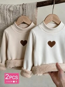 SHEIN 女童秋季款 2件組可愛愛心套頭毛衣 刷毛加厚保暖內搭上衣 - 彩色 - 查看 9