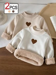 SHEIN 女童秋季款 2件組可愛愛心套頭毛衣 刷毛加厚保暖內搭上衣 - 彩色 - 查看 2