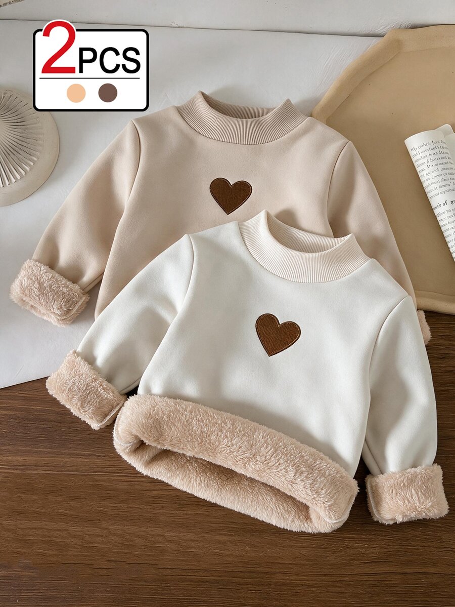 SHEIN 女童秋季款 2件組可愛愛心套頭毛衣 刷毛加厚保暖內搭上衣