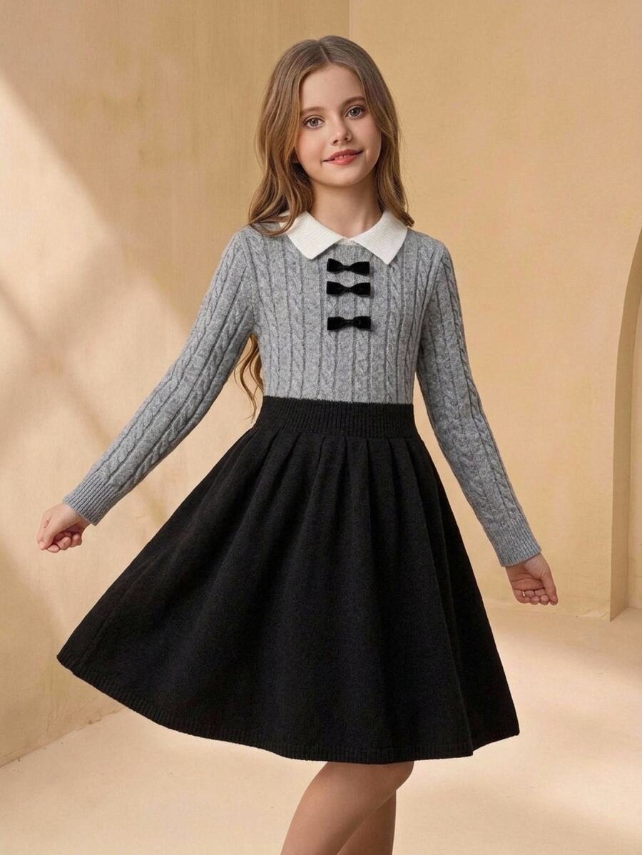 SHEIN فستان صوف محبوك للبنات بتصميم 2 في 1، بياقة بلون متباين، نسيج محبوك بكابلات، مزين بفيونكة، خصر مشدود، قصة A-Line، أكمام طويلة - رمادي - مشاهدة 1