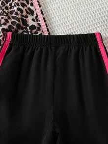 SHEIN 女童蝴蝶結豹紋復古長褲，休閒運動百搭通勤日常美式運動風印花對比緞帶棕色嬰兒棕春季 - 彩色 - 查看 5