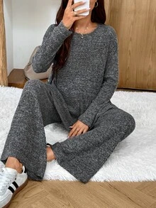 SHEIN Setelan 2 Potong Atasan Kancing Samping dan Celana Panjang Kasual Musim Gugur untuk Ibu Hamil, Musim Gugur dan Musim Dingin, Musim Gugur - Grey - View 5