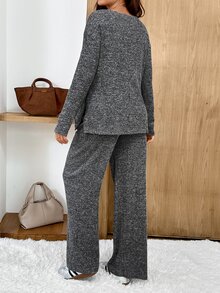 SHEIN Setelan 2 Potong Atasan Kancing Samping dan Celana Panjang Kasual Musim Gugur untuk Ibu Hamil, Musim Gugur dan Musim Dingin, Musim Gugur - Grey - View 8