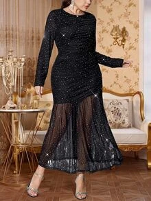Reflora Plus Size Women's Sequin Mesh Ruched Long Sleeve Elegant Dress Fall - Black - View 5