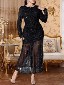 Reflora Plus Size Women's Sequin Mesh Ruched Long Sleeve Elegant Dress Fall - Black - View 2