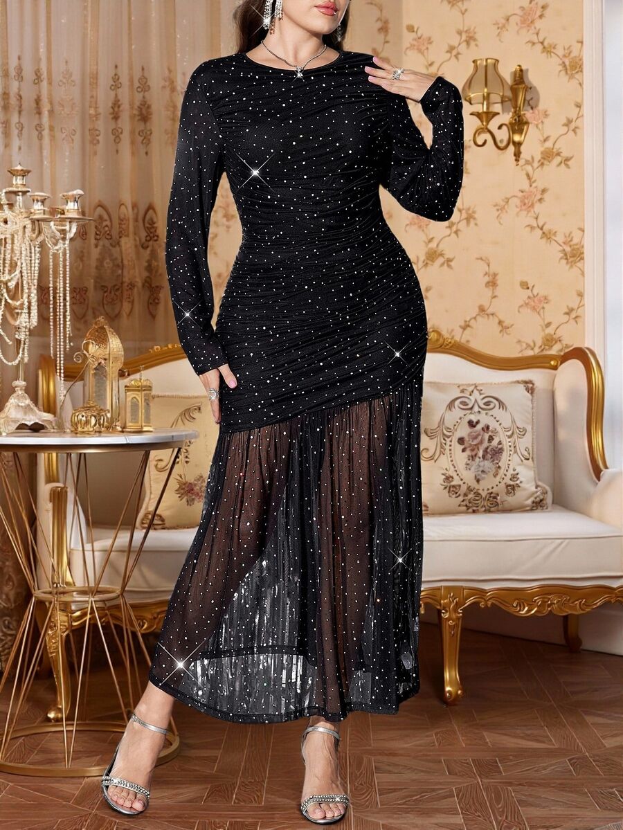 Reflora Plus Size Women's Sequin Mesh Ruched Long Sleeve Elegant Dress Fall