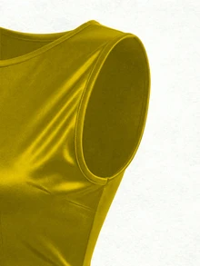 Franclia 高端輕奢時尚新款法式復古優雅無袖收腰顯瘦百褶亮面開衩貼身女款晚宴洋裝 - 芥末黃 - 查看 7