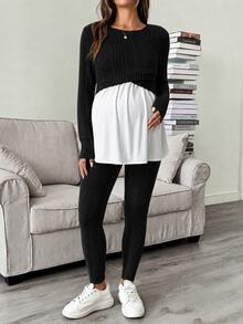 SHEIN Set 2 Potong Atasan Menyusui Lengan Panjang Colorblock untuk Ibu Hamil dan Baju Lengan Panjang dengan Pinggang yang Dapat Diatur - Hitam - View 3