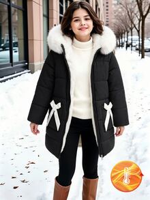 SHEIN Elladie kids 青少年女孩冬季中長款加厚外套，可愛蝴蝶結裝飾毛茸茸連帽羽絨夾克，保暖休閒日常穿著校園外套 - 黑與白 - 查看 5