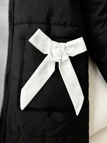 SHEIN Elladie kids 青少年女孩冬季中長款加厚外套，可愛蝴蝶結裝飾毛茸茸連帽羽絨夾克，保暖休閒日常穿著校園外套 - 黑與白 - 查看 7