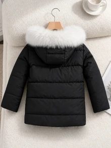 SHEIN Elladie kids 青少年女孩冬季中長款加厚外套，可愛蝴蝶結裝飾毛茸茸連帽羽絨夾克，保暖休閒日常穿著校園外套 - 黑與白 - 查看 3