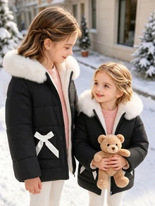 SHEIN Elladie kids 青少年女孩冬季中長款加厚外套，可愛蝴蝶結裝飾毛茸茸連帽羽絨夾克，保暖休閒日常穿著校園外套 - 黑與白 - 查看 4