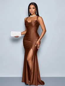 SOLERSUN Women's Champagne Off Shoulder Ruched Maxi Dress, Bow Tie Sleeve Side Slit Bodycon Party Dress - Coffee Brown - View 6