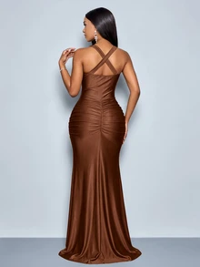 SOLERSUN Women's Champagne Off Shoulder Ruched Maxi Dress, Bow Tie Sleeve Side Slit Bodycon Party Dress - Coffee Brown - View 9