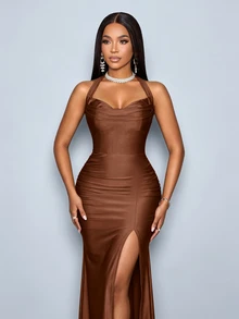 SOLERSUN Women's Champagne Off Shoulder Ruched Maxi Dress, Bow Tie Sleeve Side Slit Bodycon Party Dress - Coffee Brown - View 5
