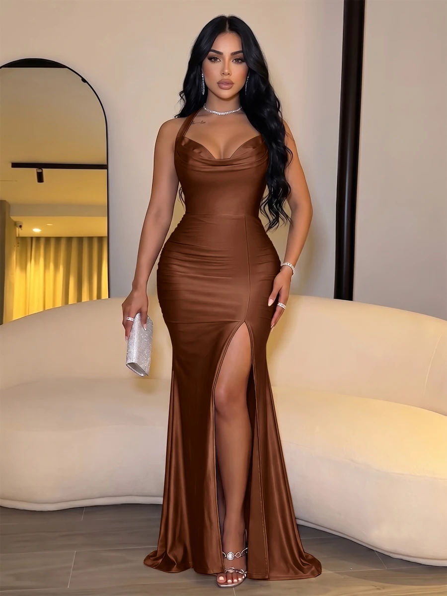 SOLERSUN Women's Champagne Off Shoulder Ruched Maxi Dress, Bow Tie Sleeve Side Slit Bodycon Party Dress