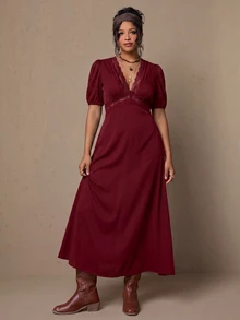 Freevana 女款優雅法式風黑色針織深V領蕾絲飾邊泡泡袖長洋裝 - 酒紅色 - 查看 9