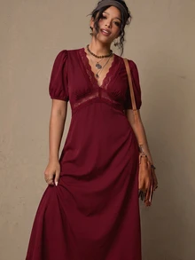 Freevana 女款優雅法式風黑色針織深V領蕾絲飾邊泡泡袖長洋裝 - 酒紅色 - 查看 5