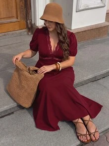 Freevana 女款優雅法式風黑色針織深V領蕾絲飾邊泡泡袖長洋裝 - 酒紅色 - 查看 12