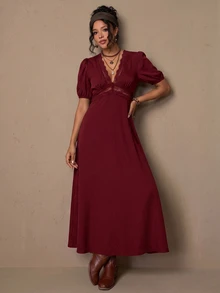 Freevana 女款優雅法式風黑色針織深V領蕾絲飾邊泡泡袖長洋裝 - 酒紅色 - 查看 6