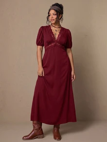 Freevana 女款優雅法式風黑色針織深V領蕾絲飾邊泡泡袖長洋裝 - 酒紅色 - 查看 7