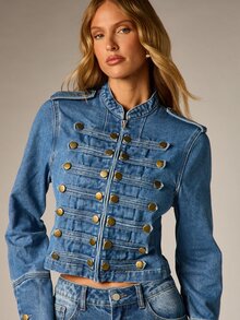 AiiRZ Cropped Denim Military Jacket With Gold Button Detail Stand Collar Zip Closure Fitted Silhouette Festival Spring - Dark Wash - View 4