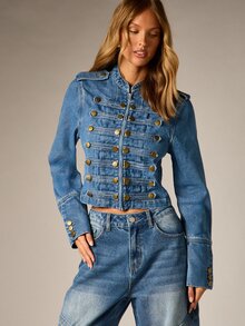 AiiRZ Cropped Denim Military Jacket With Gold Button Detail Stand Collar Zip Closure Fitted Silhouette Festival Spring - Dark Wash - View 6